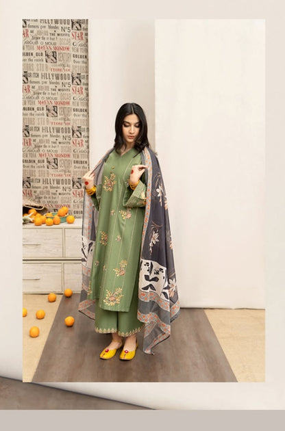 URGE - 3PC Unstitched Dhanak Embroidered Shirt with Digital Printed Shawl and Embroidered Trouser- ES1206