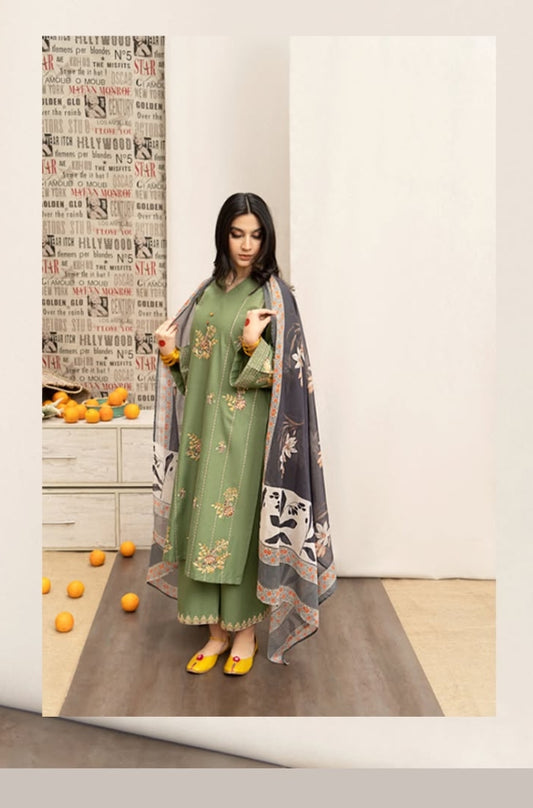 URGE - 3PC Unstitched Dhanak Embroidered Shirt with Digital Printed Shawl and Embroidered Trouser- ES1206