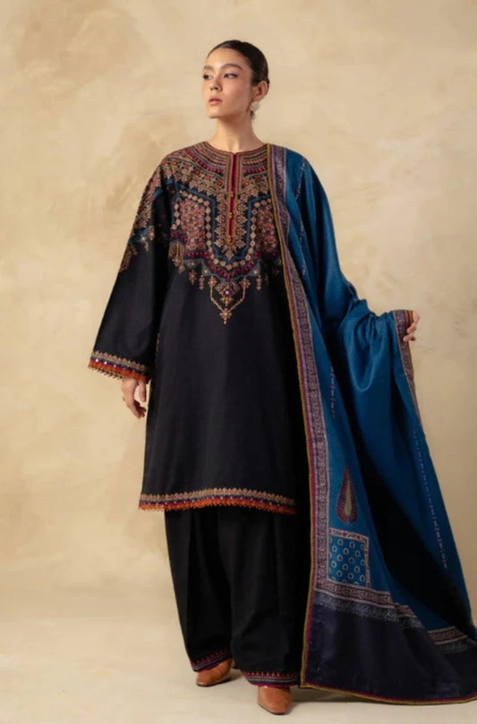Zara Shah Jahan - 3PC Unstitched Dhanak Embroidered Shirt with Printed Shawl and Trouser - ES1215