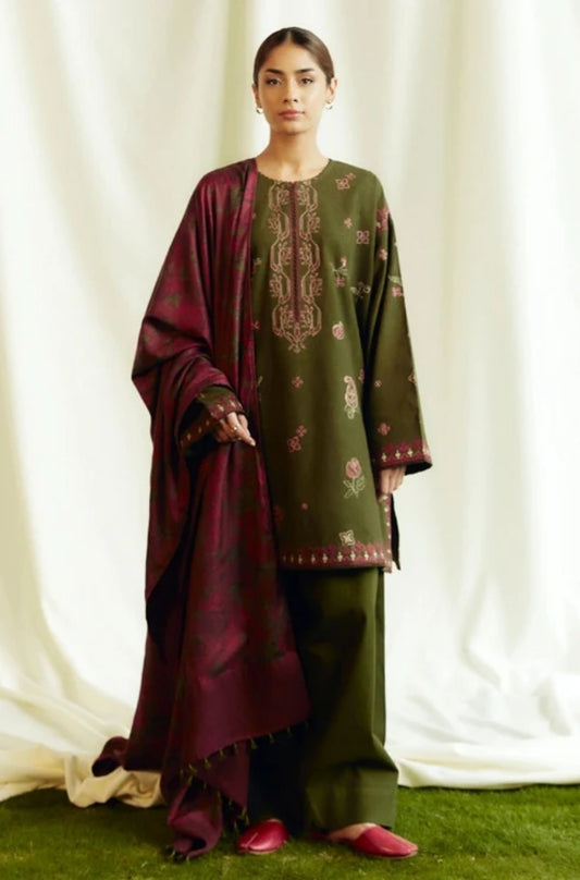 Zara Shah Jahan - 3PC Unstitched Dhanak Embroidered Shirt with Printed  Shawl and Trouser - ES1034