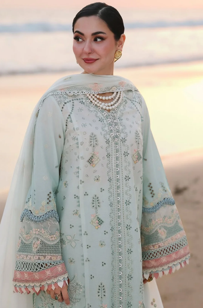 Qalamkar - 3PC Unstitched Lawn Embroidered Shirt with Embroidered Khaddi Net Dupatta and Trouser - ES 2302