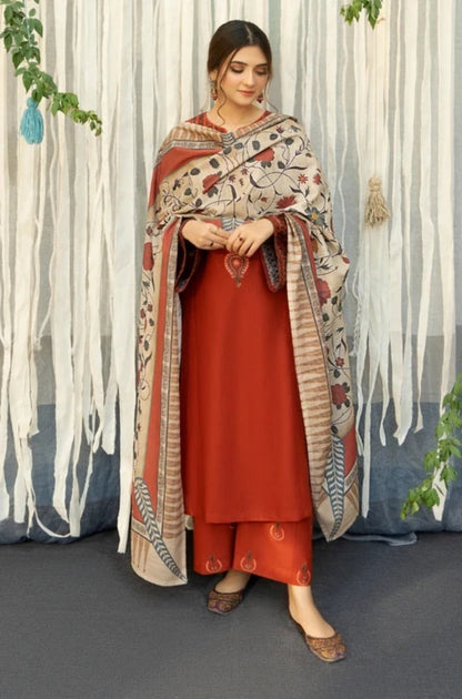 URGE - 3PC Unstitched Dhanak Embroidered Shirt with Digital Printed  Shawl and Embroidered Trouser- ES1074