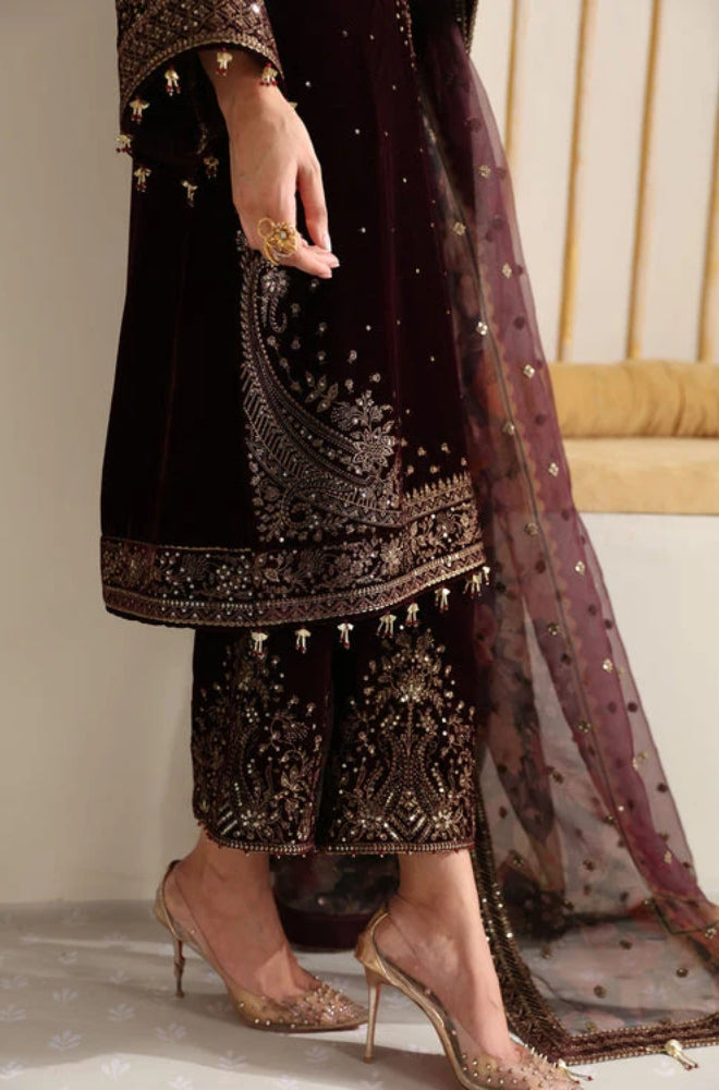 Jazmin - Front Full Embroidered On Velvet And Organza Printed Embroidered Dupatta - ES 2004