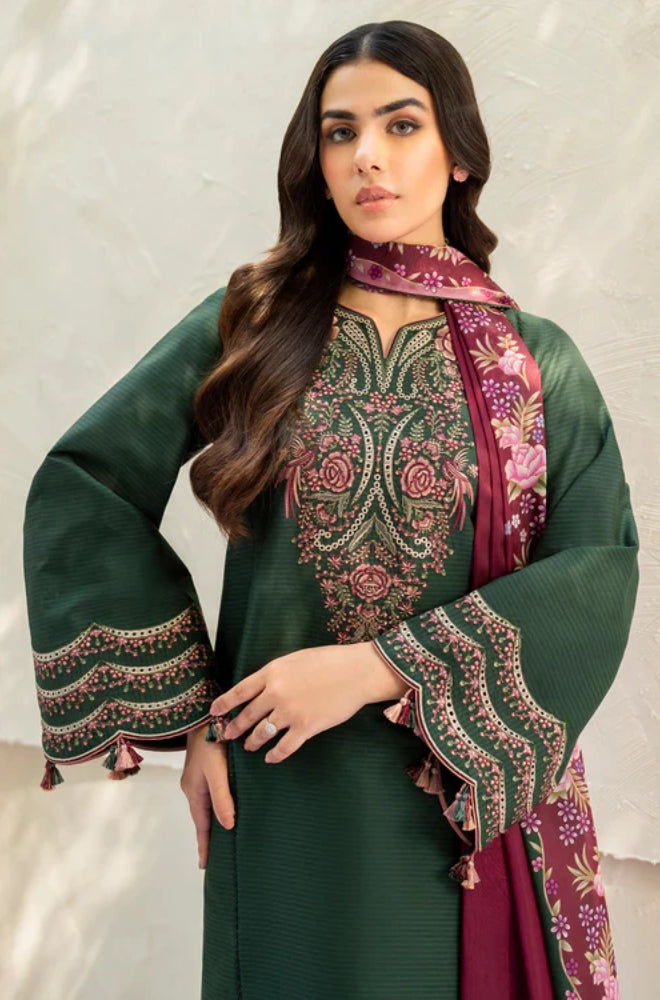 Jazmin - 3PC Unstitched Dhanak Embroidered Shirt with Digital Printed coterie Shawl - ES 1805