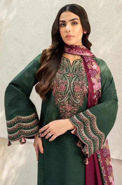 Jazmin - 3PC Unstitched Dhanak Embroidered Shirt with Digital Printed coterie Shawl - ES 1805