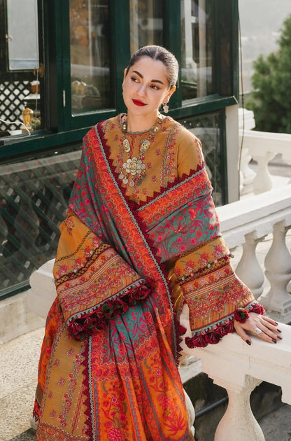 Hussain Rehar - 3PC Unstitched Dhanak Embroidered Shirt Printed Shawl With 4 Sided Embroidered Lace - ES 1813