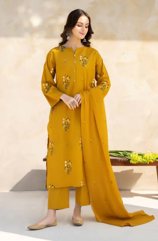 BAROQUE - 3PC Unstitched lawn Embroidered Shirt with Bamber Chiffon Dupatta and Trouser - ES1214