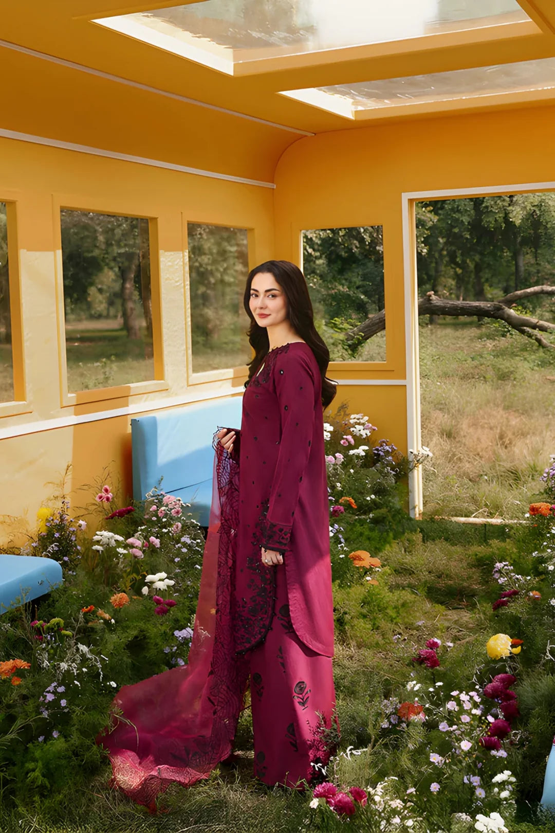 Allys - 3PC Unstitched Lawn Embroidered Shirt with Organza Embroidered Dupatta and Embroidered Trouser-ES 2403