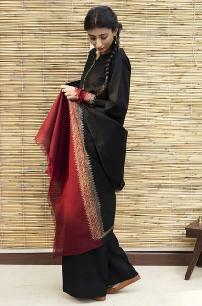Zarpash - 3PC Unstitched Dhanak Neckline Embroidered Shirt with Printed Shawl and Trouser - ES1004