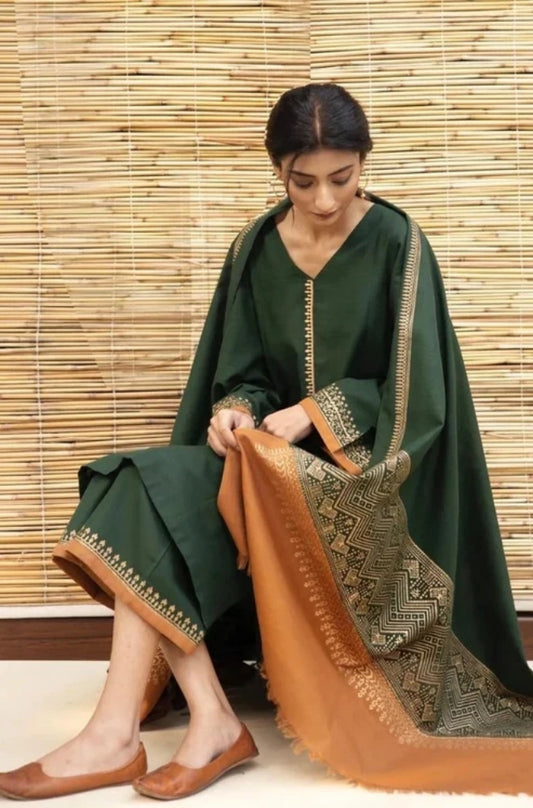 Zarpash - 3PC Unstitched Dhanak Neckline Embroidered Shirt with Printed Shawl and Trouser - ES1003