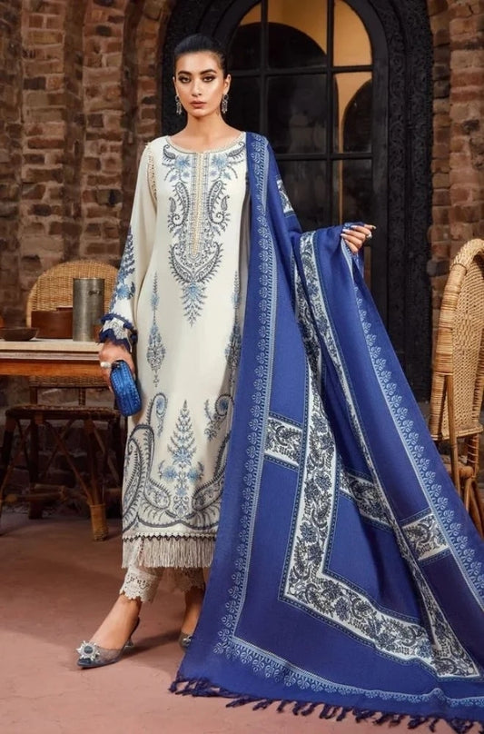 Maria B - 3PC Unstitched Dhanak Embroidered Shirt with Printed Shawl and Trouser- ES1101