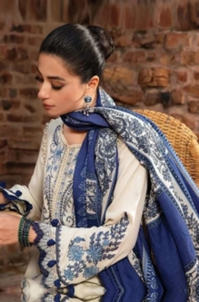 Maria B - 3PC Unstitched Dhanak Embroidered Shirt with Printed Shawl and Trouser- ES1101