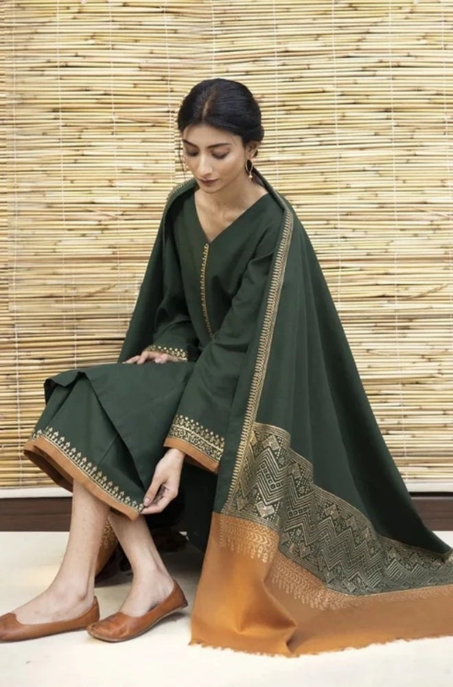 Zarpash - 3PC Unstitched Dhanak Neckline Embroidered Shirt with Printed Shawl and Trouser - ES1003