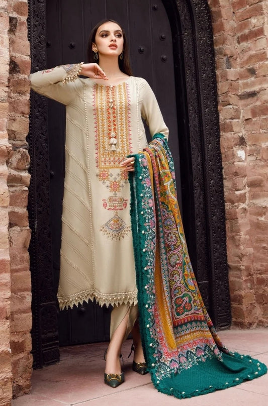 Maria B - 3PC Unstitched Dhanak Embroidered Shirt with Printed shawl and Trouser - ES1102