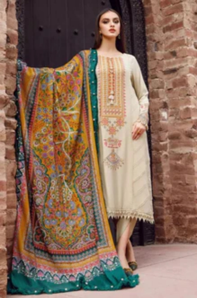 Maria B - 3PC Unstitched Dhanak Embroidered Shirt with Printed shawl and Trouser - ES1102