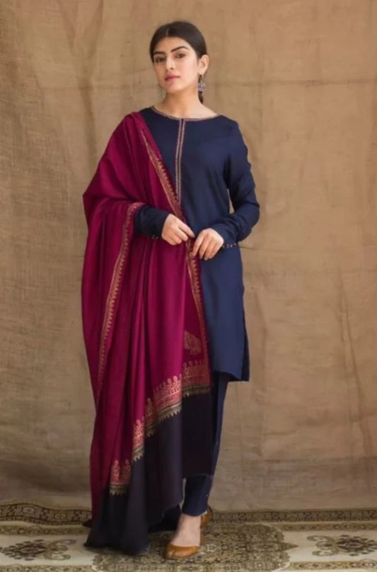 Zarpash - 3PC Unstitched Dhanak Neckline Embroidered Shirt with Printed  Shawl and Trouser - ES1002