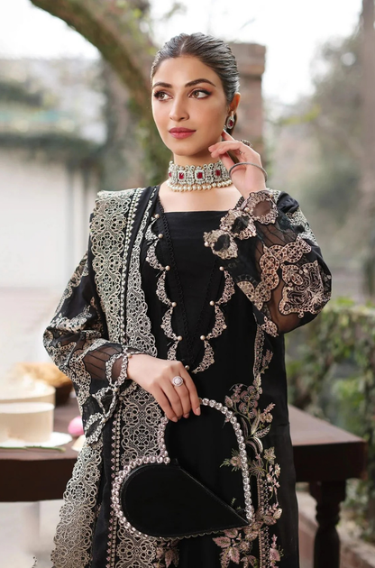 KAHF- 3PC Unstitched Lawn Embroidered Shirt With Slub Net Dupatta - ES 2189