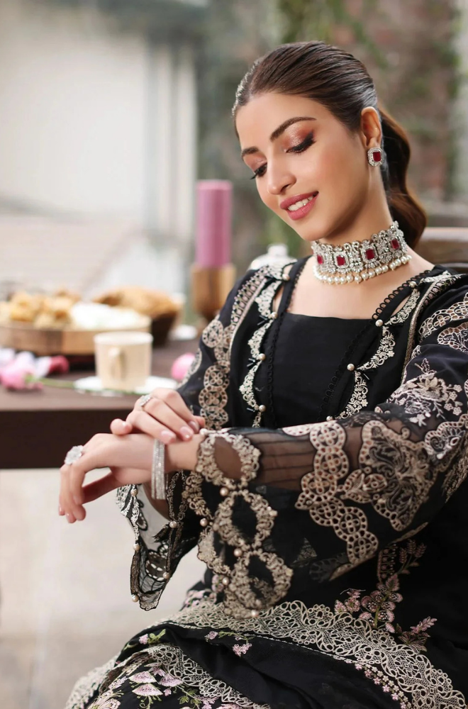 KAHF- 3PC Unstitched Lawn Embroidered Shirt With Slub Net Dupatta - ES 2189