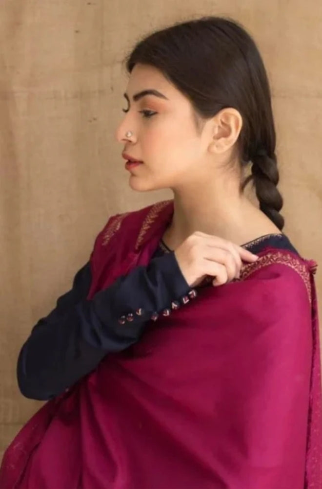 Zarpash - 3PC Unstitched Dhanak Neckline Embroidered Shirt with Printed  Shawl and Trouser - ES1002