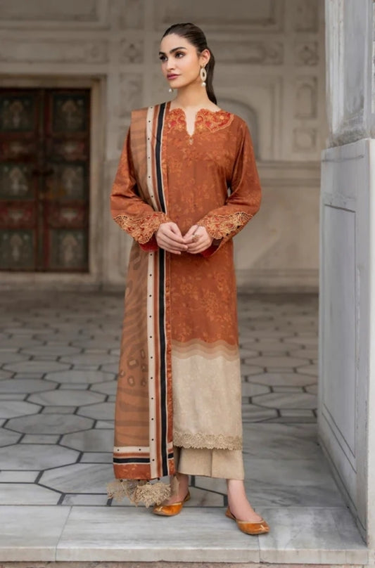 Baroque - 3PC Unstitched Printed Karandi Shirt with Printed Karandi Dupatta and Same Printed Trouser - ES1174