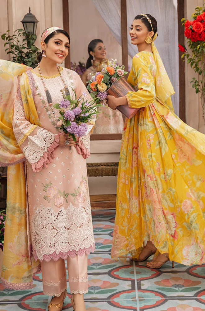 MUSHQ - 3PC Unstitched Lawn Embroidered Shirt with Printed Chiffon Dupatta - ES 2184