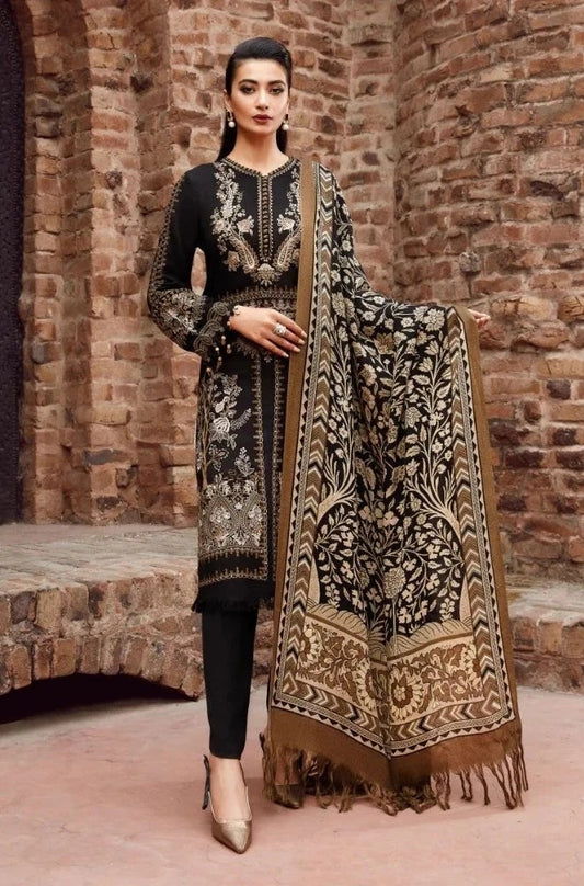Maria B - 3PC Unstitched Dhanak Embroidered Shirt with Printed  Shawl and Trouser - ES1106