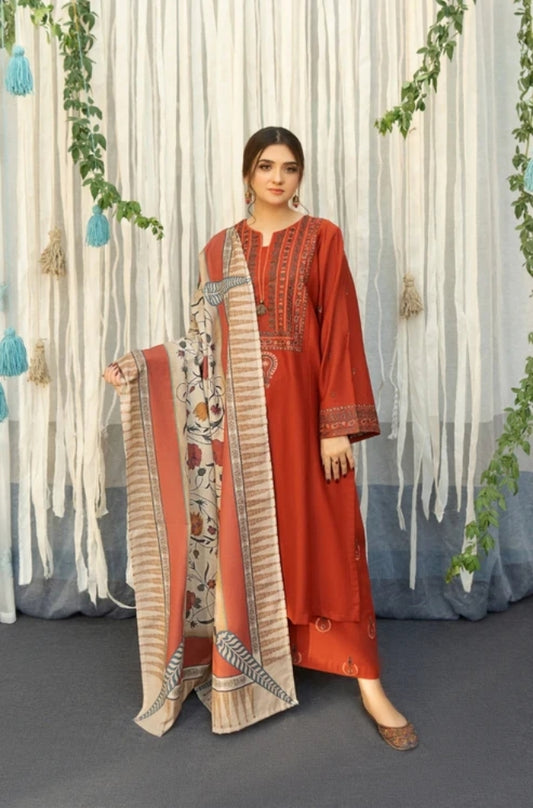 URGE - 3PC Unstitched Dhanak Embroidered Shirt with Digital Printed  Shawl and Embroidered Trouser- ES1074