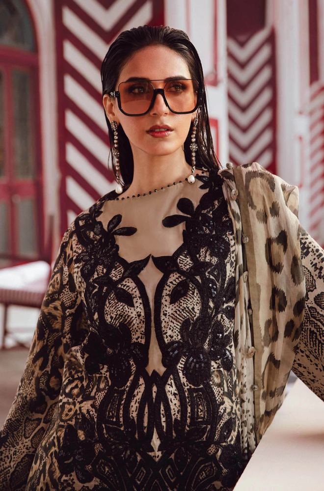 Maria B - 3PC Unstitched Digital Print Embroidered Silk Dress - ES 2045