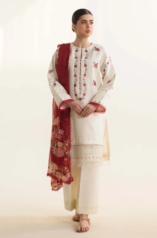 Zara Shah Jahan - 3PC Unstitched Lawn Embroidered Shirt With Printed Slub Net Dupatta - ES1055