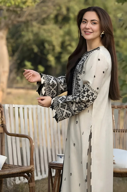 Allys - 3PC Unstitched Lawn Embroidered Shirt with Embroidered Chiffon Dupatta - ES 1402
