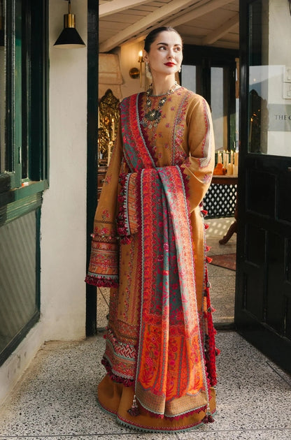 Hussain Rehar - 3PC Unstitched Dhanak Embroidered Shirt Printed Shawl With 4 Sided Embroidered Lace - ES 1813