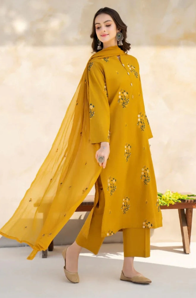 BAROQUE - 3PC Unstitched lawn Embroidered Shirt with Bamber Chiffon Dupatta and Trouser - ES1214