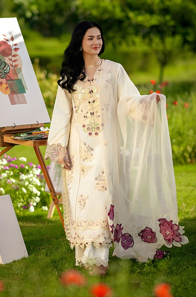 Rang Rasiya - 3PC Unstitched Lawn Embroidered Shirt with Cotton Net Dupatta and Trouser - ES3002