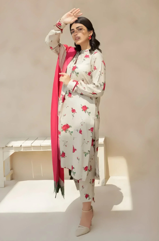 Baroque - 3PC Unstitched Printed Karandi Shirt with Printed Karandi Dupatta and Trouser - ES 2122