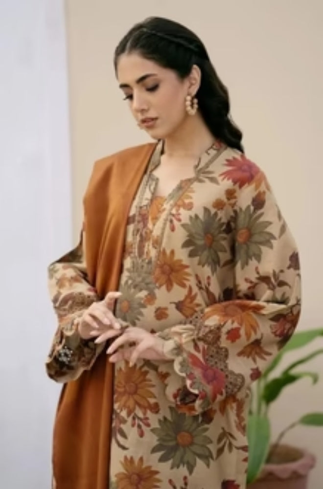 Baroque - 3PC Unstitched Digital Printed Karandi Shirt with Neck Patch and Digital Printed Karandi Dupatta with Trouser - ES1183