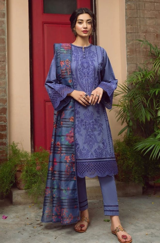 Jazmin - 3PC Unstitched Lawn Chicken Kari Embroidered Shirt with Printed Slub Net Dupatta - ES1117