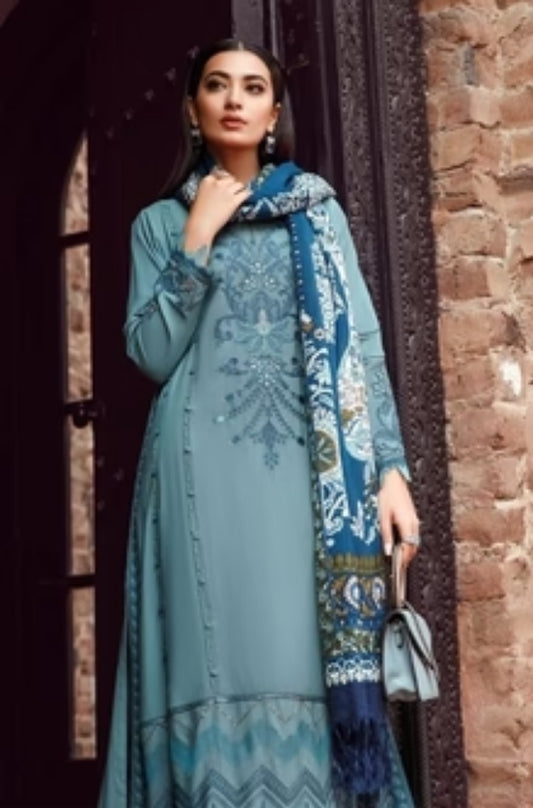 Maria B - 3PC Unstitched Dhanak Embroidered Shirt with Printed  Shawl and Trouser - ES1104