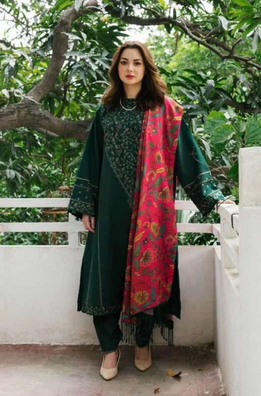 Zara Shah Jahan - 3PC Unstitched Dhanak Embroidered Shirt with Printed Shawl and Trouser - ES1024