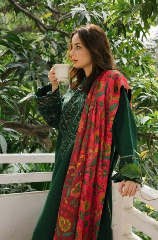 Zara Shah Jahan - 3PC Unstitched Dhanak Embroidered Shirt with Printed Shawl and Trouser - ES1024