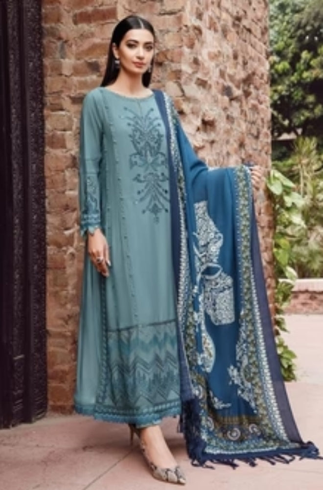 Maria B - 3PC Unstitched Dhanak Embroidered Shirt with Printed  Shawl and Trouser - ES1104