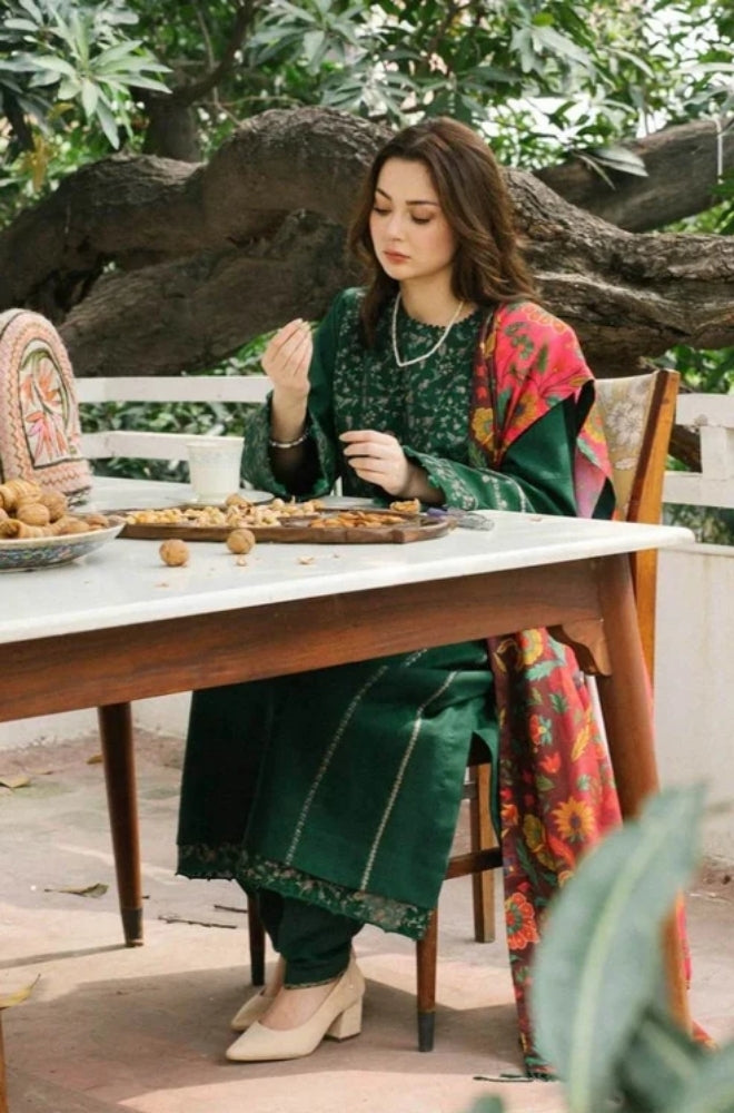 Zara Shah Jahan - 3PC Unstitched Dhanak Embroidered Shirt with Printed Shawl and Trouser - ES1024
