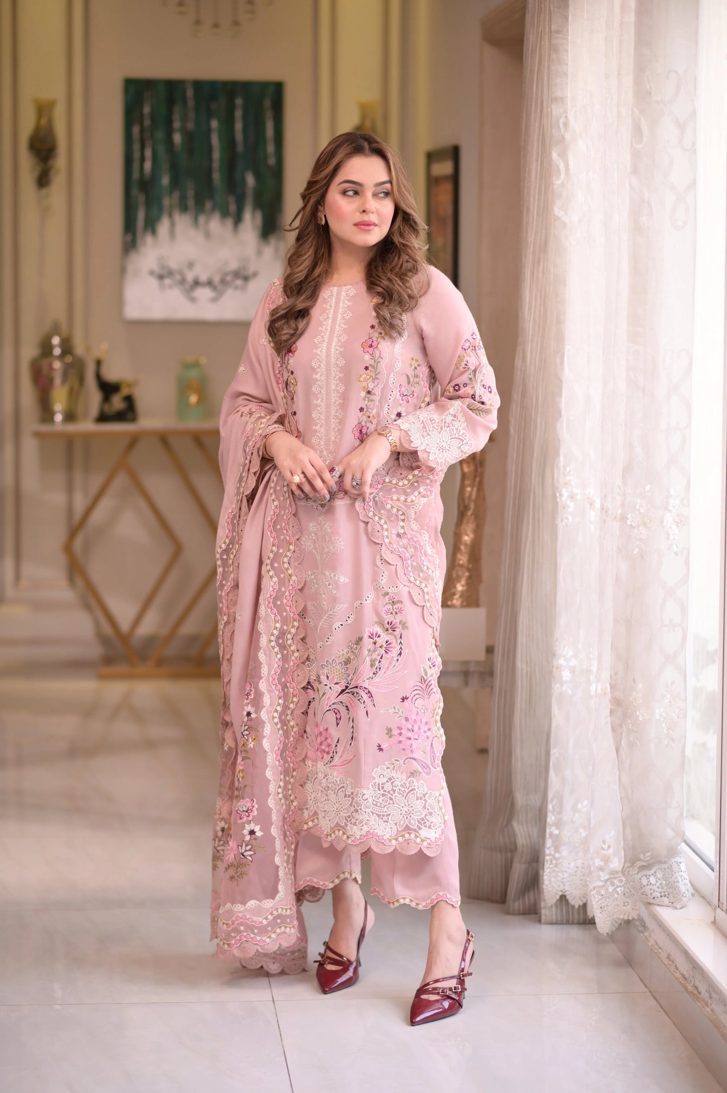 Aneelas - 3PC Unstitched Lawn Embroidered Shirt with Embroidered Slub Net Dupatta - ES 2170