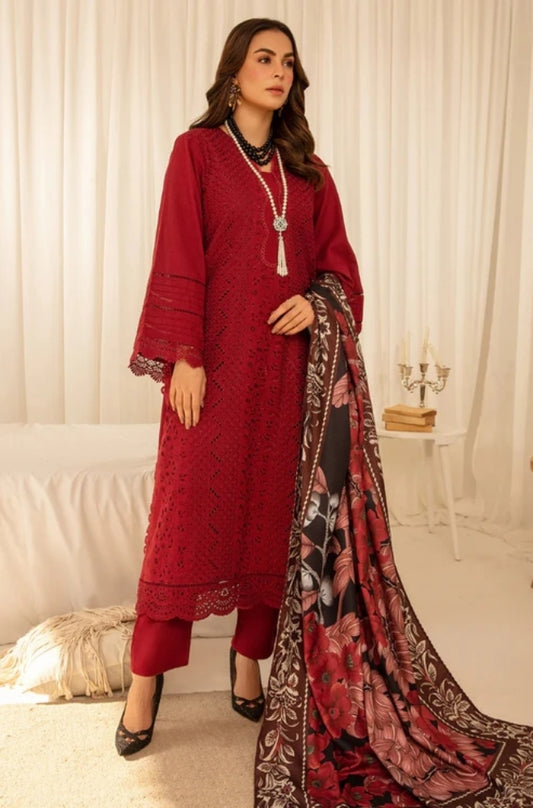 Maria B - 3PC Unstitched Dhanak Embroidered Shirt with Printed  Shawl and Trouser - ES1105