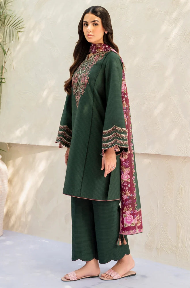 Jazmin - 3PC Unstitched Dhanak Embroidered Shirt with Digital Printed coterie Shawl - ES 1805