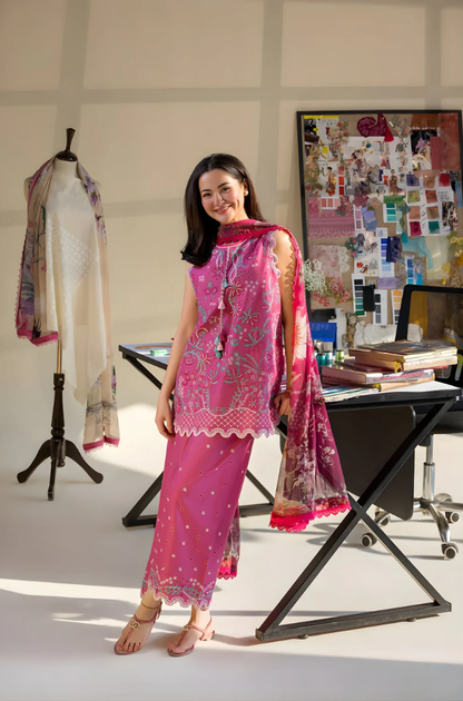 Sobia Nazir - 3PC Unstitched Lawn Embroidered Shirt with Digital Printed Dupatta and Embroidered Trouser - ES3003