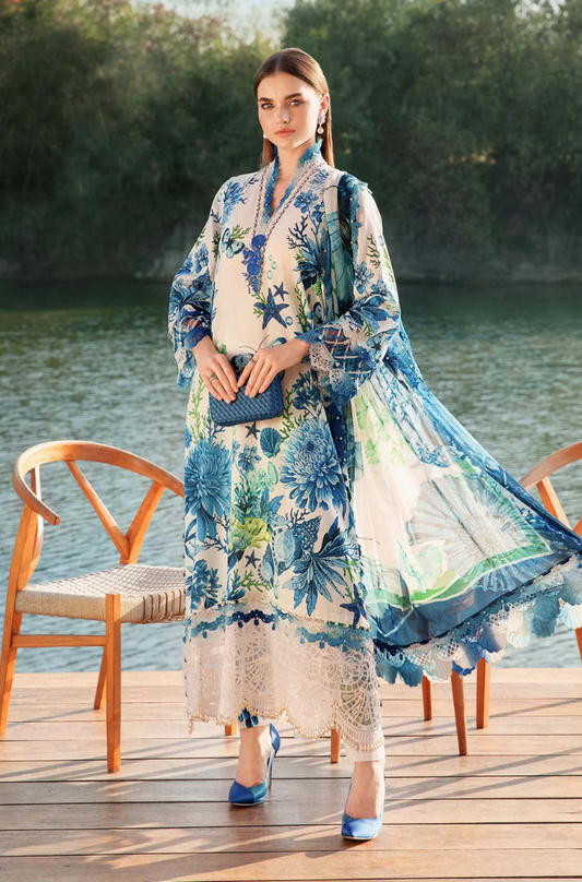 Maria B-3PC Lawn Printed Shirt with Embroided Patches and Printed Dubatta and Trousers-ES1603