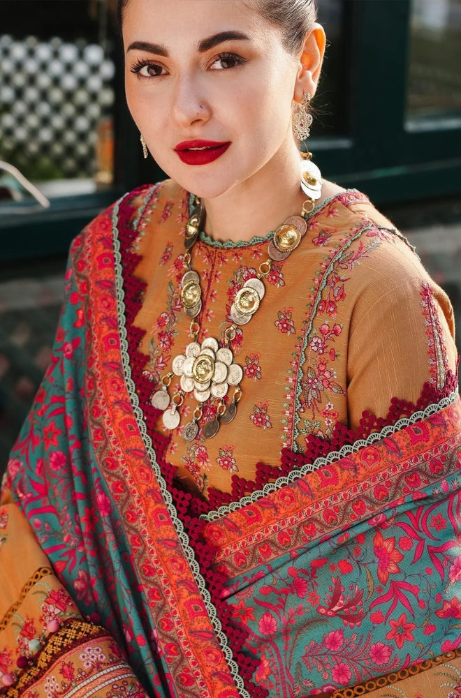 Hussain Rehar - 3PC Unstitched Dhanak Embroidered Shirt Printed Shawl With 4 Sided Embroidered Lace - ES 1813