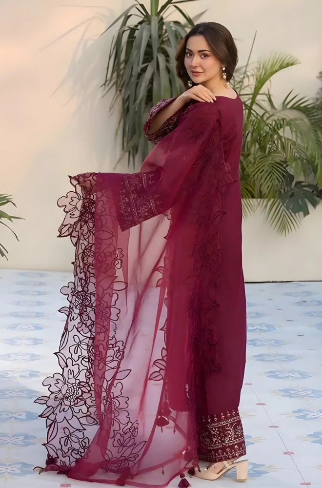 Allys - 3PC Unstitched Lawn Embroidered Shirt with Embroidered Organza Dupatta - ES 1403