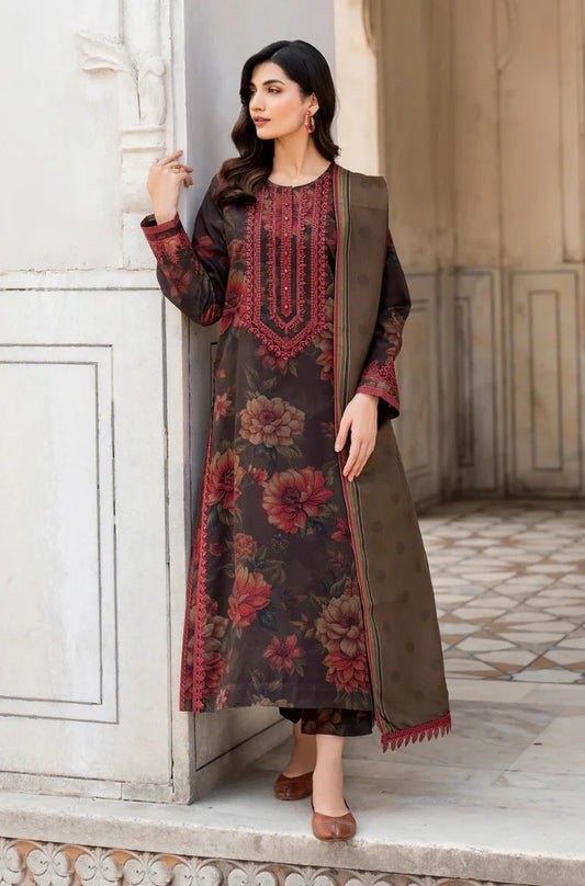 Baroque - 3PC Unstitched Printed Karandi Shirt with Printed Karandi Dupatta and Trouser - ES1158