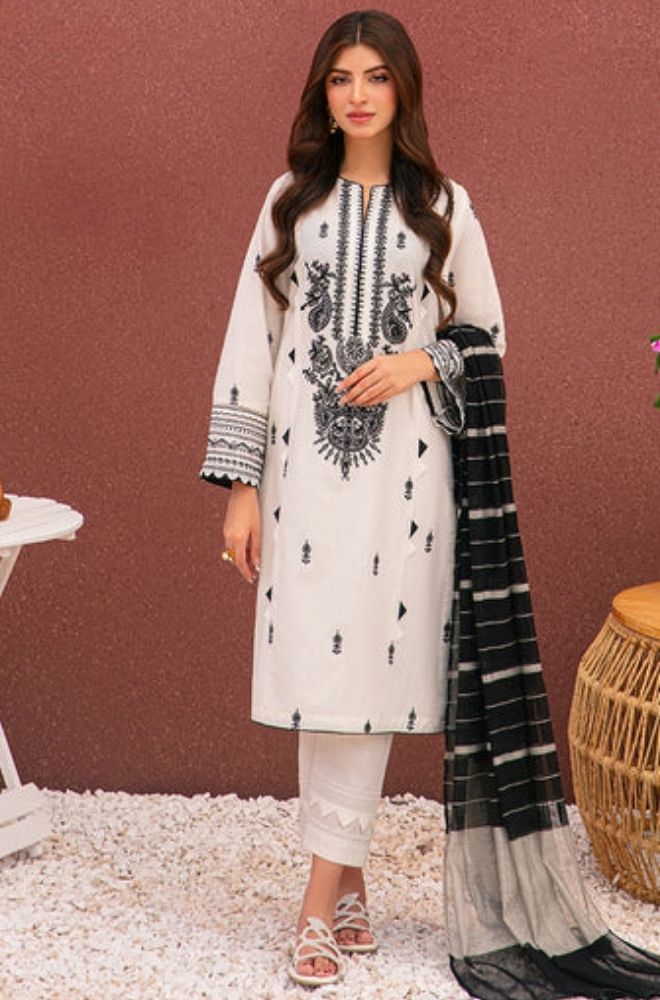 Asim Jofa - 3PC Lawn Embroidered Shirt with Printed Cotton Net Dupatta - ES1186